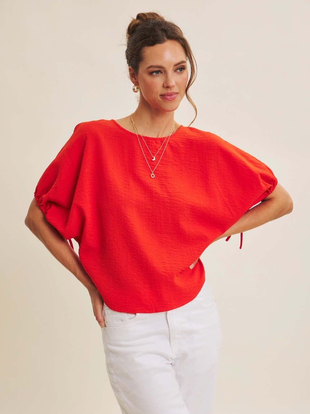 Vibrant Airy Crinkled Blouse with Ruched Dolman Sleeves Size Large